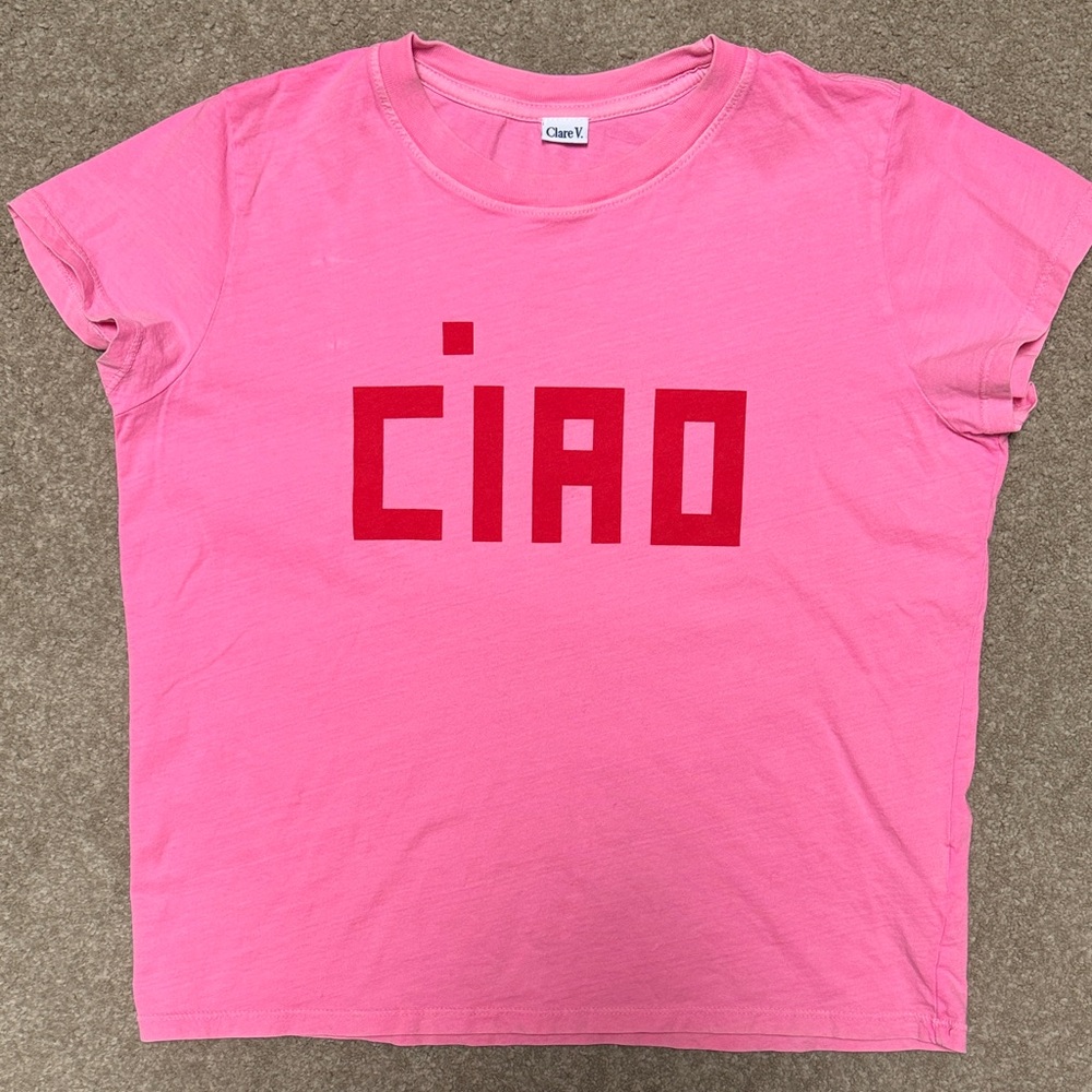 Clare V Pink Tee with Red 'CIAO' Anthropology size Small 100% Cotton